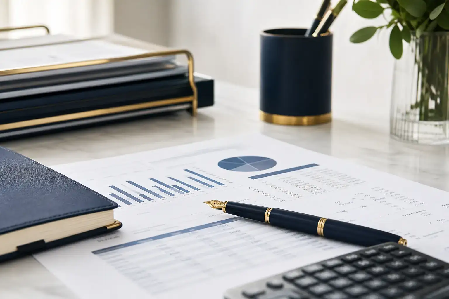 Material financiero y documentos de trabajo en un escritorio profesional